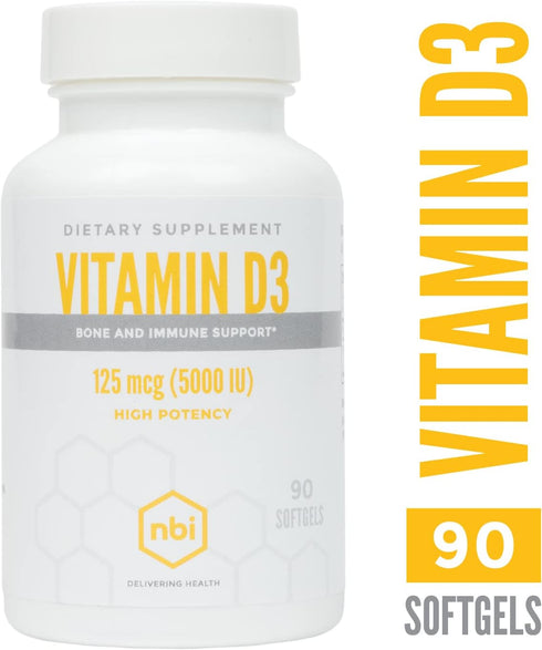 NBI High Potency Vitamin D3 125 mcg (5000 IU) Softgels with Rosemary Extract Antioxidants for Bone & Immunity Support