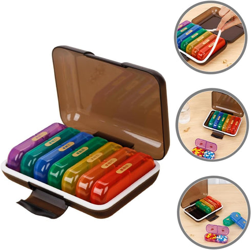 Wakauto Weekly Pill Organizer Box with Seven Color-Coded Compartments, Portable Medicine Storage Case with Black Shell