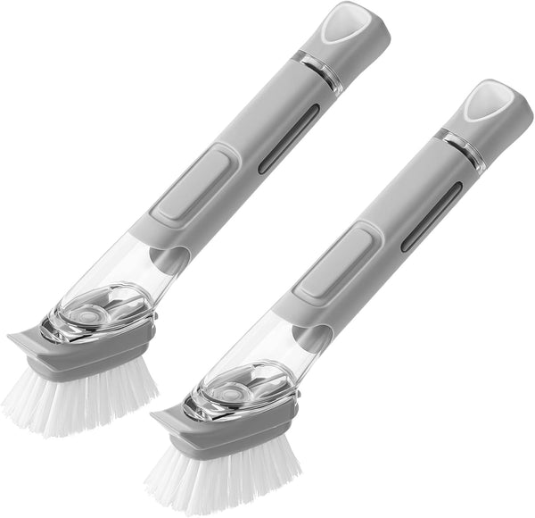 SUBEKYU Dish Brushes with Soap Dispenser, Kitchen Dish Scrubber Brushes with Handle, Grey 2Pack