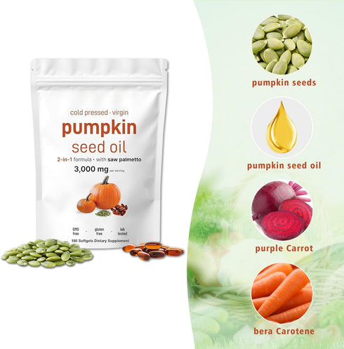 J-PRQ 3000mg 180 Pumpkin Seed Oil with Saw Palmetto- - Softgels -Cold Pressed - Pure Virgin Oil - Essential Fatty Acids