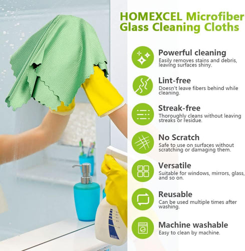 HOMEXCEL 6PK Microfiber Glass Cleaning Cloths, 16"x14", Lint Free for Glasses, Mirrors, and Screens