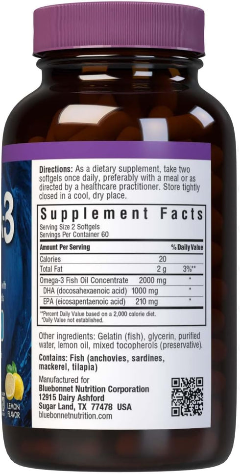 Bluebonnet Nutrition Omega-3 Brain Formula, DHA 1000 mg & EPA 210 mg, Natural Wild Caught, 120 Softgel