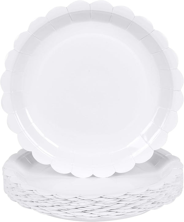 Houuqe 24 Pieces White Paper Plates 9 Inch Scalloped Dessert Plates Disposable White