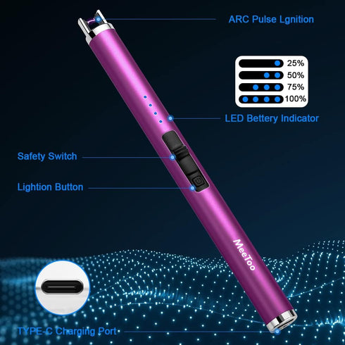 MeeToo Candle Electric Lighter, Rechargeable USB Type-C Lighter for Candle BBQ Camping Fireworks, Purple