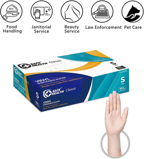 Safe Health Vinyl Disposable Gloves, Food Grade, Latex Free, Powder Free, Clear, 3 Mil for Housework and Cleaning