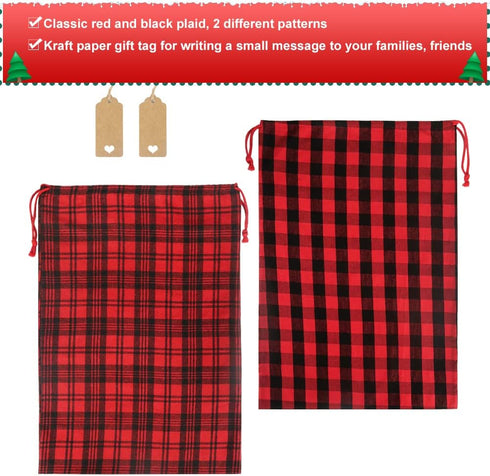 HRX Package 2 Pcs Cotton Santa Bag, 28x20 Inch Plaid Fabric Drawstring Christmas Bags with Gift Tag