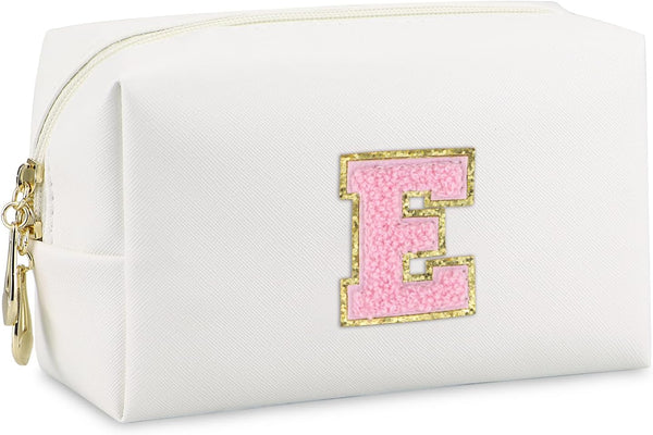 Initial Makeup Bag Personalized Waterproof PU Leather Chenille Letter Cosmetic Bag, Portable Travel Toiletry Bag