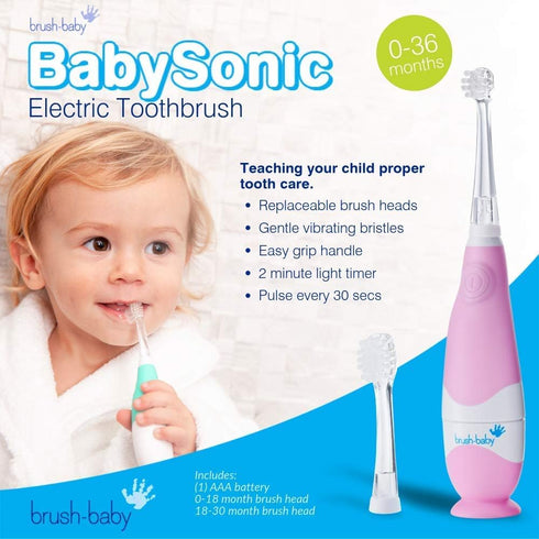 brush-baby BabySonic Infant and Toddler Electric Toothbrush - Ages 0-3 Years, Smart LED Timer and Gentle Vibration,