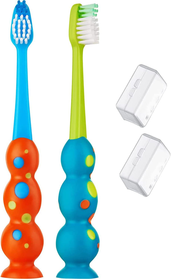 Kids Toothbrush 2 Pack - Soft Contoured Bristles, Child Sized Brush Heads (3-10 Years Old) - Suction Cup Storage (Blue