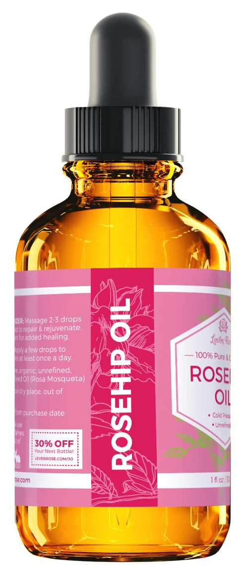 Leven Rose Rosehip Seed Oil for Face, 1 oz, Pure Unrefined Cold Pressed Rosehip Oil for Body, Nighttime Moisturizer for