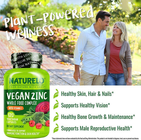 NATURELO Vegan Zinc Immune Support Capsules, Whole Food Complex with Vitamin C, 120 Capsules