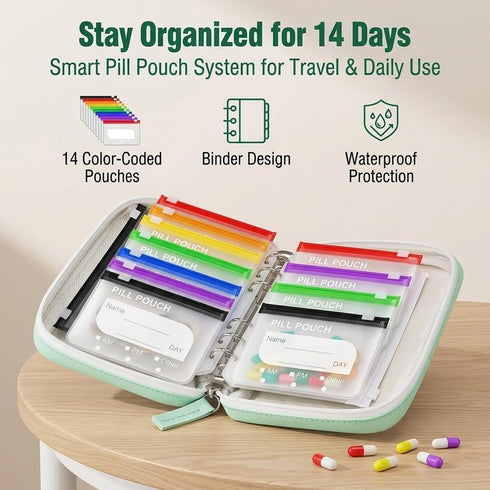 Set-14Pcs 14 Waterproof Pill Pouch Bags Inside, Zipper Pill Case with Day Zipper Pouches Organizer Travel Medicine