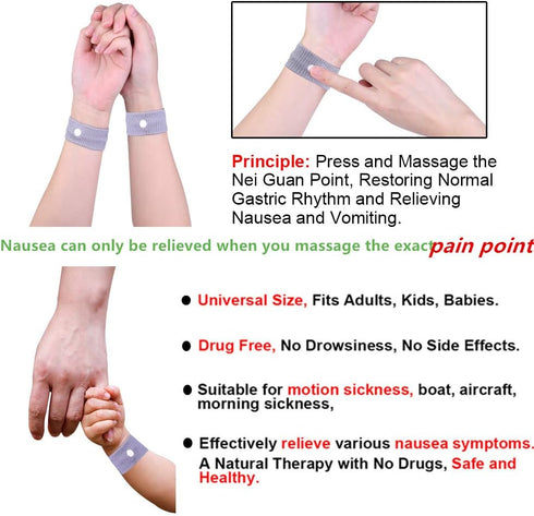 Anti Nausea Travel Sickness Wristbands, 2 Pairs Motion Sickness Bands for Kids & Adults Natural Acupressure Nausea Relief Wristbands for Car Sea Flying Trip (Pink+Blue)
