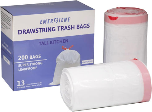 Tall Kitchen Drawstring Trash Bags, 13 Gallon, Lavender-Scented, Leakproof, Super Strong, 200 Count