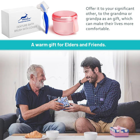 Leak Proof Denture Cups Bath, Dishwasher Safe Denture Case for Soaking Full & Partial Dentures, with Cleaner Brush