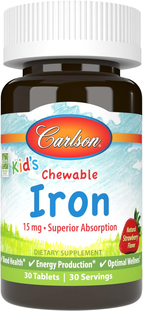 Carlson Kid's Chewable Iron 15 mg | 30 Tablets | Superior Absorption for Blood Health, Energy Production & Optimal