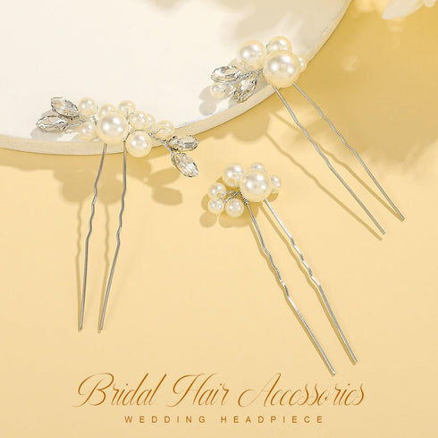 Heread Pearl Bride Wedding Hair Pins Crystal Bridal Headpiece Hair Accessories for Women and Girls (Pack of 3) (Silver)