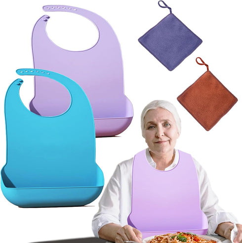 HADEWEITE 2 pieces adult bib Large silicone adult bibs with crumb catcher, adjustable waterproof clothes protector