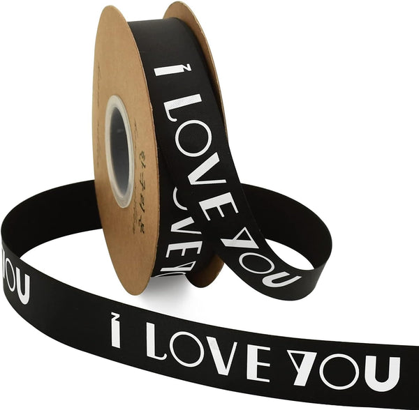 TONIFUL 1 Inch x 50 Yards Black I Love You Printed Satin Ribbon for Valentine's Day Gift Wrapping, Wedding, Holiday