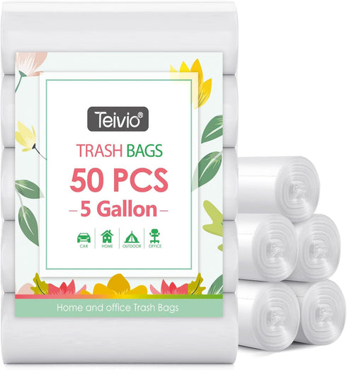 Teivio 5 Gallon Strong Trash Bags, 50 Counts - Clear Garbage Bags for Home Office Kitchen, Bathroom Trash Can Liners