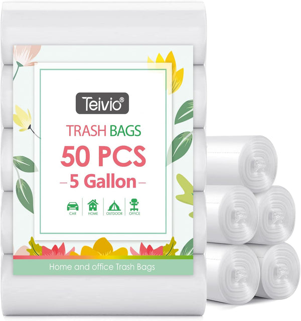 Teivio 5 Gallon Strong Trash Bags, 50 Counts - Clear Garbage Bags for Home Office Kitchen, Bathroom Trash Can Liners