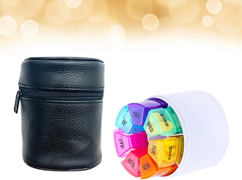 HONITANO 28 Weekly Pill Organizer Compartments Portable Round Medicine Box with Colorful Pu Case for Travel and Daily