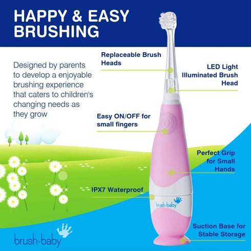 brush-baby BabySonic Infant and Toddler Electric Toothbrush - Ages 0-3 Years, Smart LED Timer and Gentle Vibration,