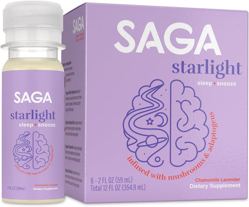 SAGA Organic Sleep Shots, Adaptogens & Mushrooms, Valerian Root, Reishi, & GABA, Lavender 2oz Shots (6-Pack)