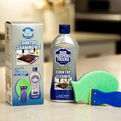 Bar Keepers Friend Cooktop Cleaner + Scraper + Dish Fish, Multipurpose Liquid Stovetop Cleanser for Glass & Ceramic