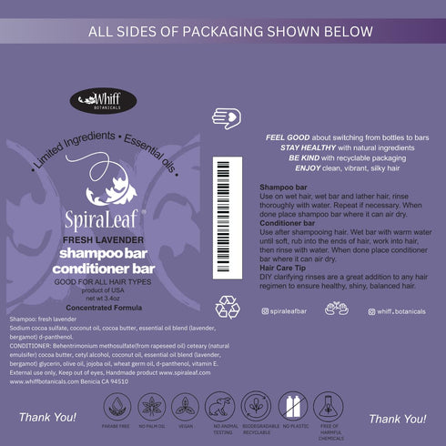 SPIRALEAF Solid Shampoo Bar & Conditioner Bar Set, FRESH LAVENDER Essential Oil Blend, Premium Hair Care Bars