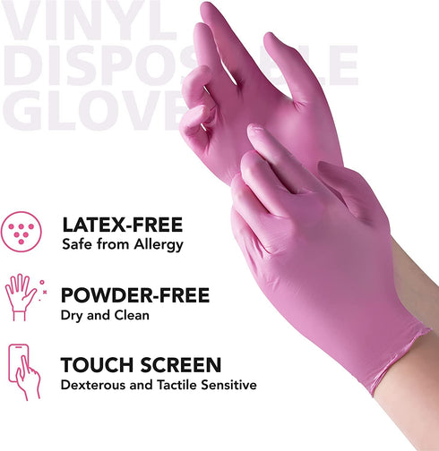Disposable Pink Vinyl Gloves for Women, Latex Free, Cooking, Food Prep, Cleaning, Medium Duty, Large, 100 Pack