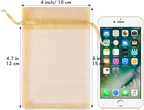 HRX 100pcs Gold Organza Gift Bags, 4 x 6 inch Candy Mesh Drawstring Favor Pouches for Wedding Christmas Party