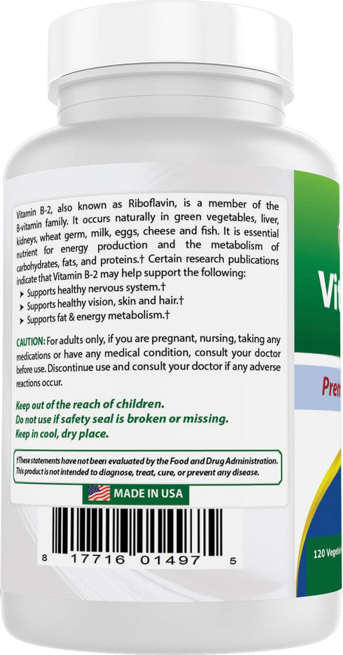 Best Naturals Vitamin B2 (Riboflavin) 400mg - Migraine Relief, Veggie Capsules, 120 Count (Pack of 2)