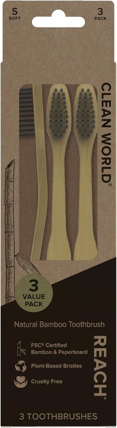 Reach Clean World Natural Bamboo Toothbrush, Soft Plant-Based Bristles, FSC Certified Bamboo