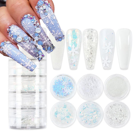 Christmas Nail Glitter Sequins White Nail Glitter Powder 3D Snowflakes for Acrylic Nails Art Decorations DIY