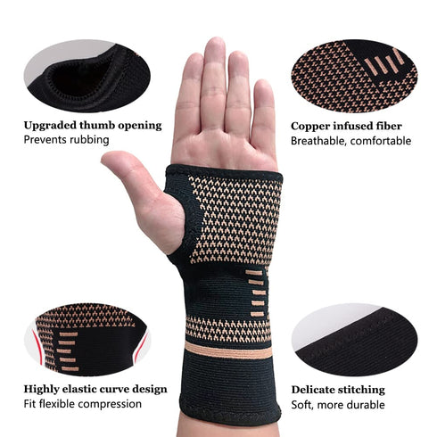 Copper Wrist Compression Sleeves (2PCS), Elastic Support Sleeve for Tendonitis, Arthritis, Pain Relief for Fitness
