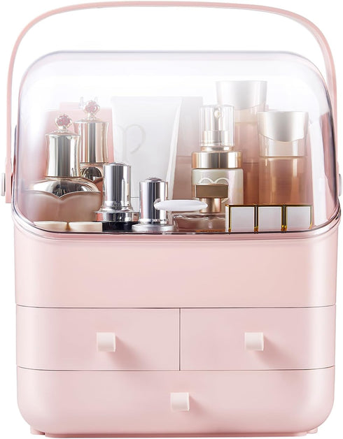 SUNFICON Preppy Skincare Organizer, Pink Makeup Holder with Large Display Case and Dust Free Cover, 2 Roomy Drawers