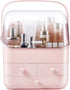 SUNFICON Preppy Skincare Organizer, Pink Makeup Holder with Large Display Case and Dust Free Cover, 2 Roomy Drawers