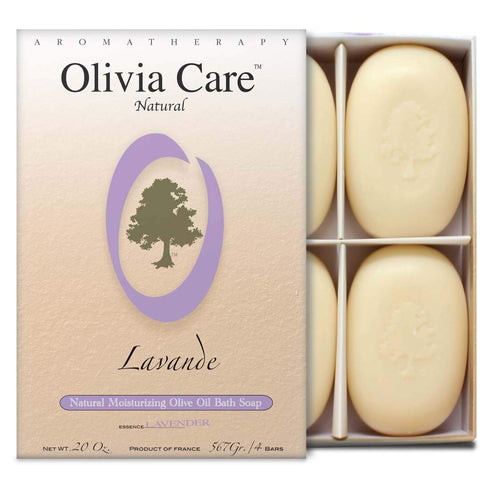 Olivia Care Lavender Bar Soap - 4 Pack Box Set, 100% Natural, Vegan, Hydrating for Face & Body