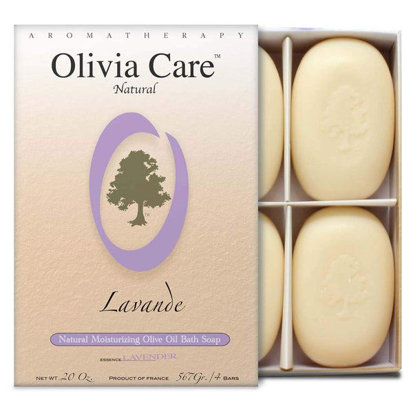 Olivia Care Lavender Bar Soap - 4 Pack Box Set, 100% Natural, Vegan, Hydrating for Face & Body