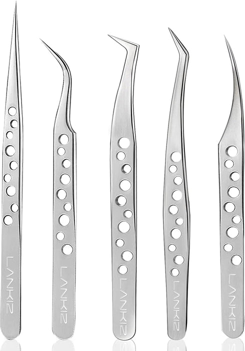 Lankiz Lash Tweezers for Eyelash Extensions, Stainless Steel Straight and Curved Volume Tweezers Set (5PCS-Silver)