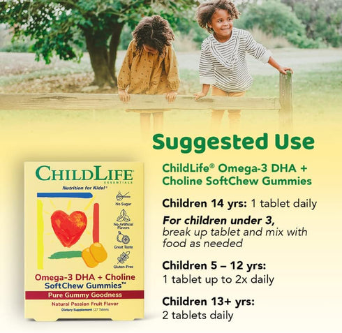 CHILDLIFE ESSENTIALS Omega-3 DHA + Choline SoftChews - 27 Tablets, All-Natural Support for Optimal Brain & Nervous
