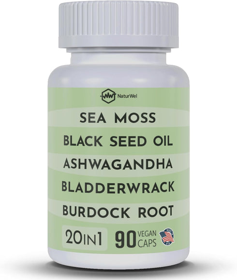 Black Seed Oil 3000mg Sea Moss 3000mg Ashwagandha 1000mg Turmeric 1000mg & Elderberry Manuka (90 Capsules Pack of 1)