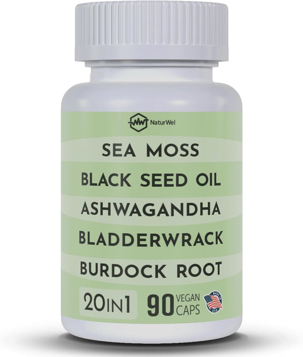 Black Seed Oil 3000mg Sea Moss 3000mg Ashwagandha 1000mg Turmeric 1000mg & Elderberry Manuka (90 Capsules Pack of 1)