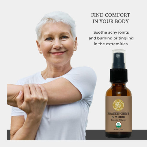 Organic Frankincense & Myrrh Essential Oil Spray, 100% Pure USDA Certified Aromatherapy for Body Aches, Stiffness & Tingling, Stress Relief, & Skin - 1 oz Spray by Silk Road Organic