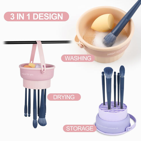 Makeup Brush Cleaner Mat, 3 in 1 Silicone Cleaning Bowl with Drying Holder, Scrubber Tool for Brushes