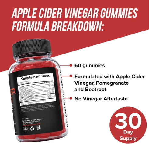Apple Cider Vinegar Gummies - 1000mg, Supports Normal Energy Levels & Gut Health, 60 Count