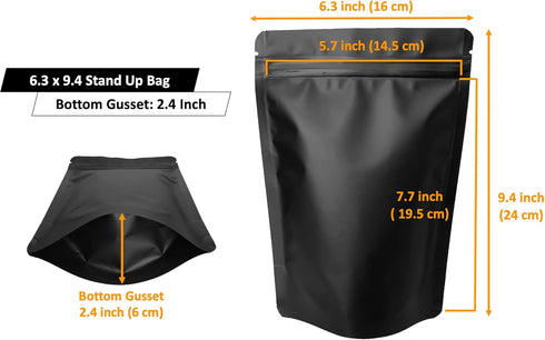 100 Pack Matte Black Mylar Stand Up Bags - 6.3x9.4 Inches Smell Proof Resealable Pouch for Food Storage