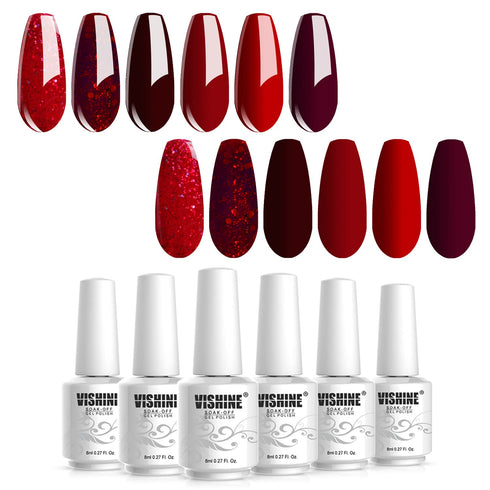 Vishine Burgundy Red and Red Glitter Gel Polish Set - 6 Colors Long Lasting Soak Off UV LED Gel 8ml