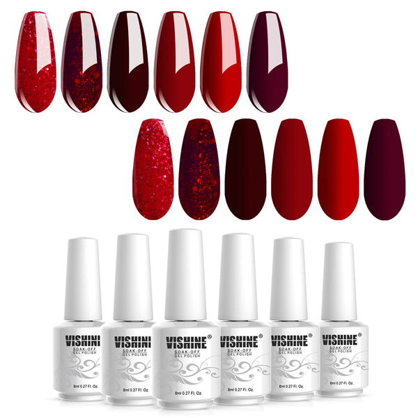 Vishine Burgundy Red and Red Glitter Gel Polish Set - 6 Colors Long Lasting Soak Off UV LED Gel 8ml